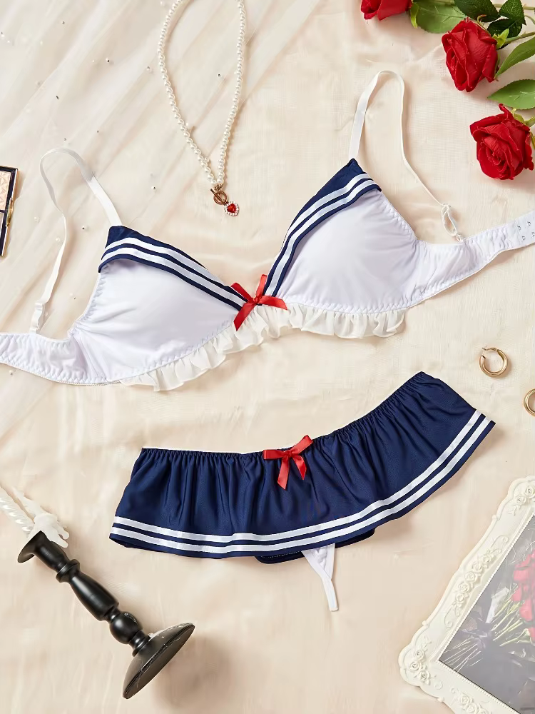 Ensemble de lingerie sexy de marin, costume de cosplay d'écolière, tenue de bikini 3 pièces pour jeu