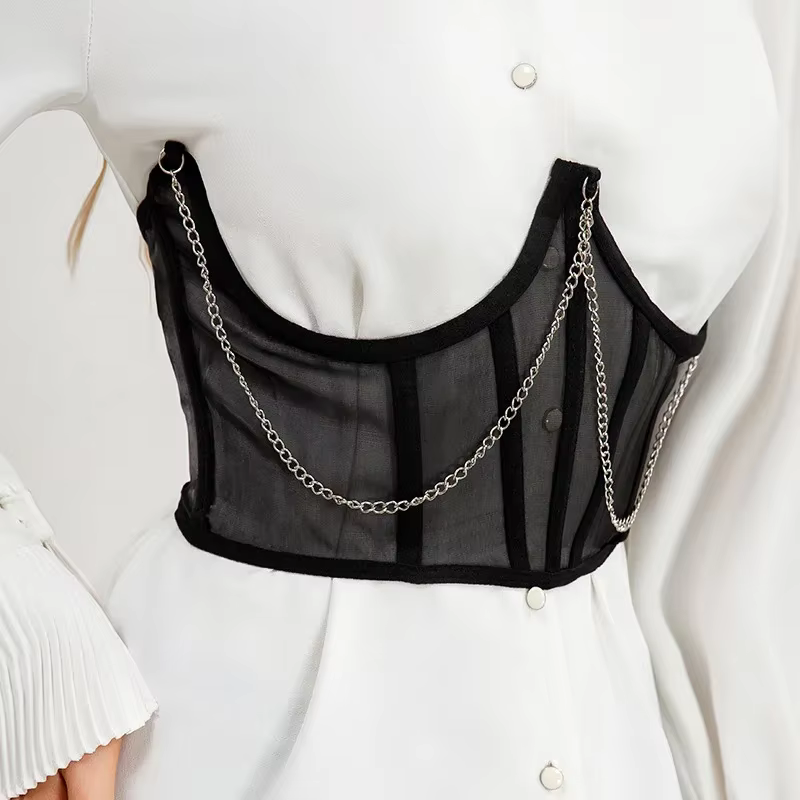 Corset sexy sous-poitrine noir pour femme avec chaîne métallique punk, top sculptant, sangle amincis