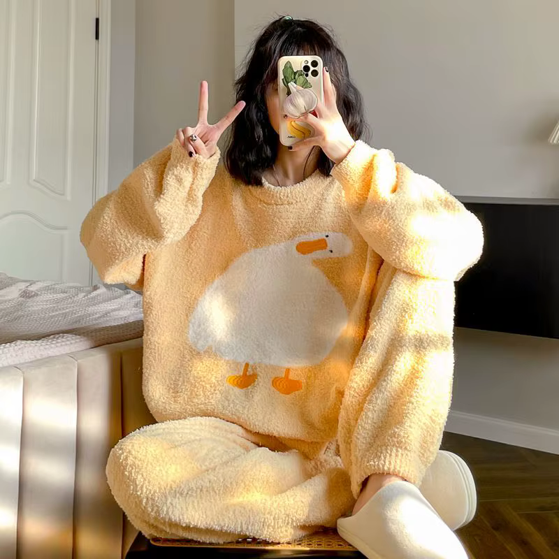 Ensemble de pyjama en velours à col rond pour femme, mignon, canard, glouton, décontracté, mode, vêt