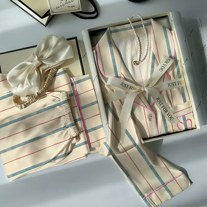 Pyjama en soie glacée à rayures contrastées pour femmes, ensemble de vêtements de maison à manches l