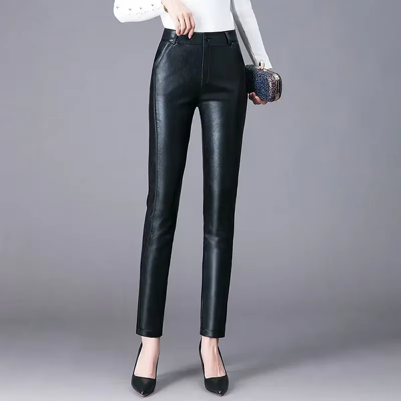 Femmes élastique taille haute véritable pantalon en cuir véritable femme mode sarouel dames poches M