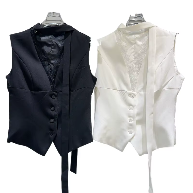 Haut à col en V avec coutures en dentelle pour femme, simple boutonnage, glaçage imbibé socialite, h