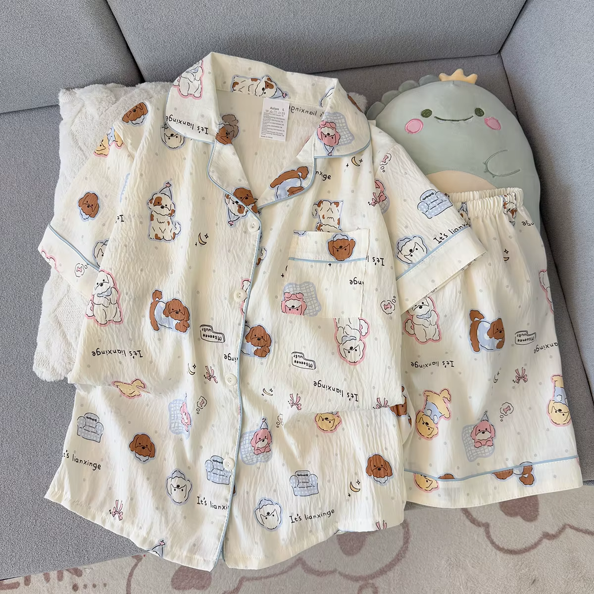 Pyjama d'été pour femme, style fin avec motif chiot, short à manches courtes, doux et mignon, peut ê