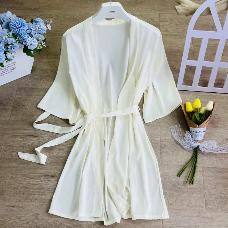 Robe de matin de mariée blanche, ourlet en dentelle, peignoir, Kimono, vêtements de nuit élégants, c