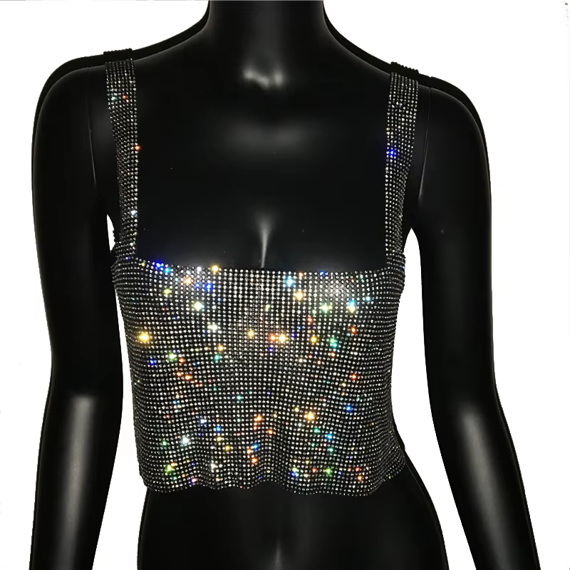 2025 paillettes discothèque dos nu strass débardeur femmes Sexy métal cristal diamants paillettes bo