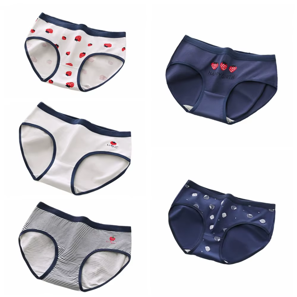 Lot de 5 Culottes Femme et Fille à Rayures, Motif Cœur, Nœud et Fraise, Taille Basse