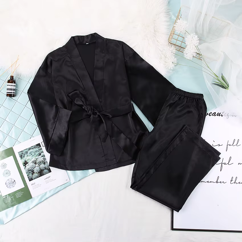Ensemble pyjama assorti avec ceinture pour femmes, pièces de remorquage en Satin, doux et ample, déc