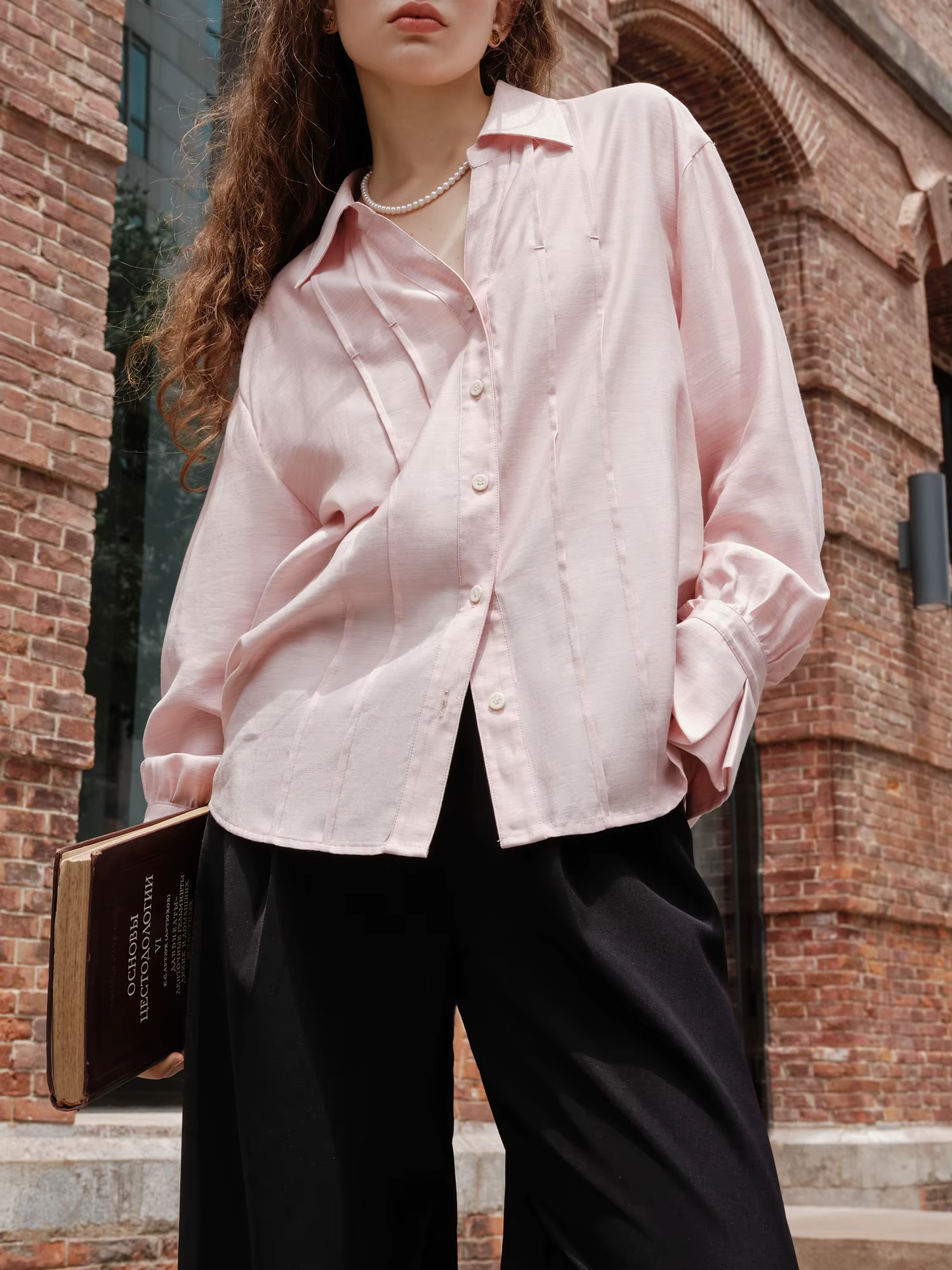 FSLE-Chemisier à manches longues et col en V pour femme, rose, à rayures, chemise de bureau, automne