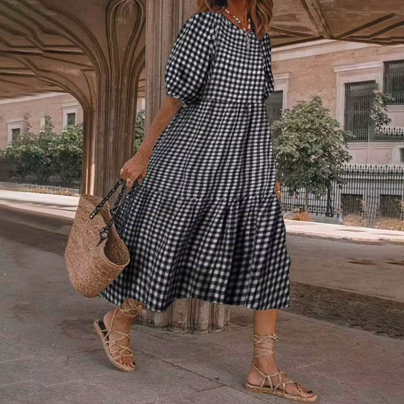 Robe d'été Vintage à carreaux pour femmes, mode, manches lanternes, mi-longue, style bohème, robe de