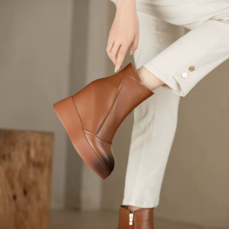 MKKBathroom-Bottes courtes en cuir pour femmes, bottes compensées pointues, bottes de rinçage décont