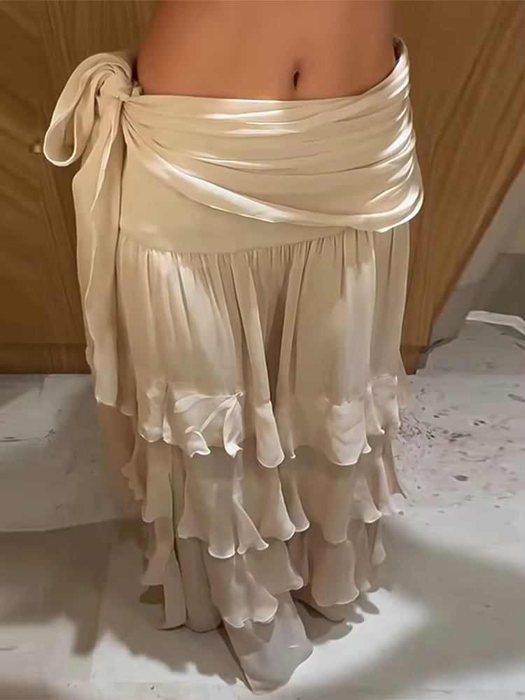 Jupe longue plissée pour femme, style français, à lacets, avec volants en cascade, taille mi-haute,