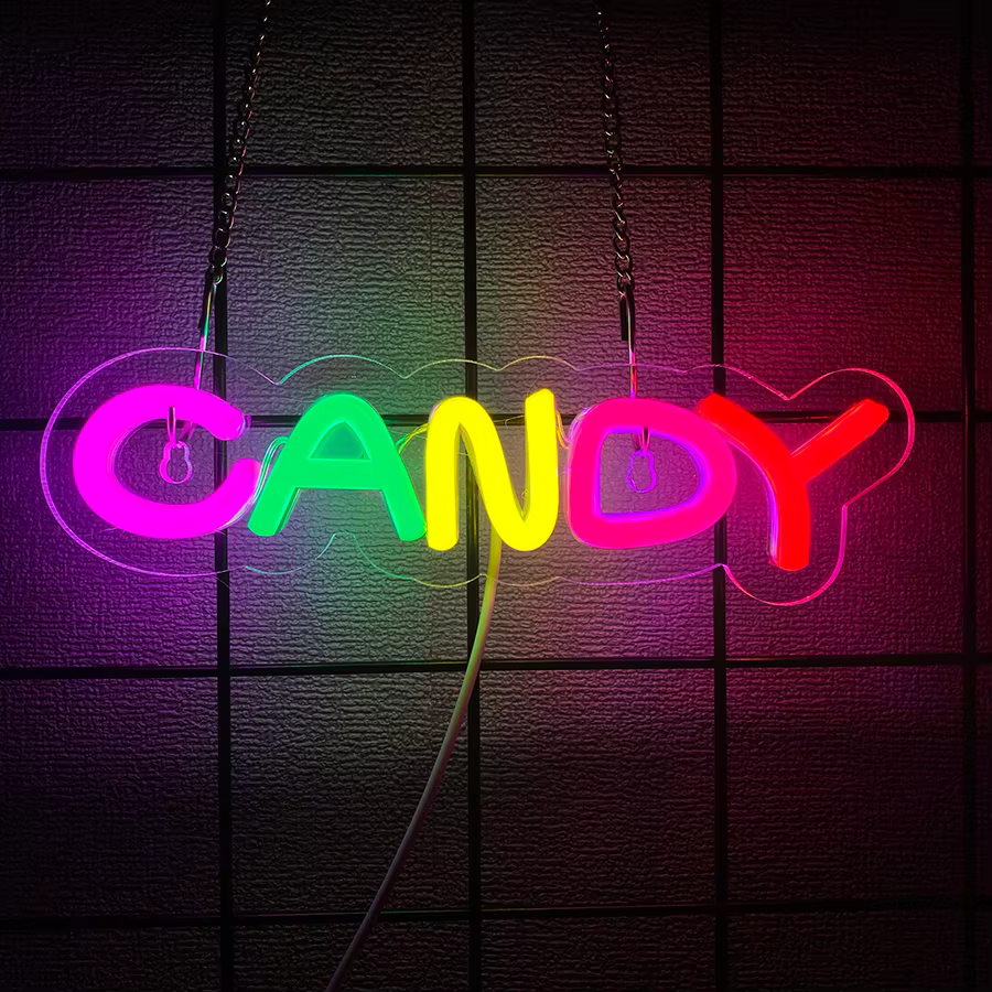 Enseigne néon en forme de bonbons pour décoration murale, enseigne lumineuse pour décoration de conf