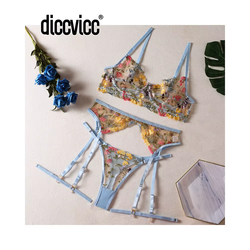 Diccvicc Lingerie de luxe Sexy broderie florale voir à travers la dentelle femmes sous-vêtements sou