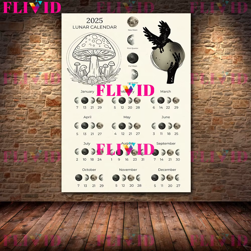 Affiche d'Art Mural Vintage avec Calendrier Lunaire 2025, Phases de Lune, Magie de la Lune, Manifest