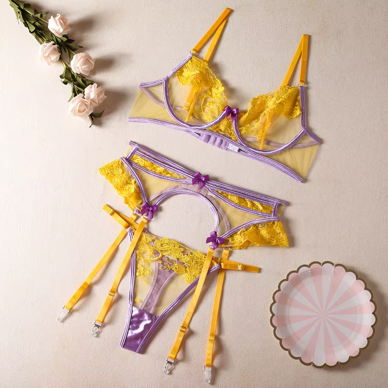 Lingerie romantique pour femme, broderie délicate, maille transparente, lingerie sexy, ensemble de l