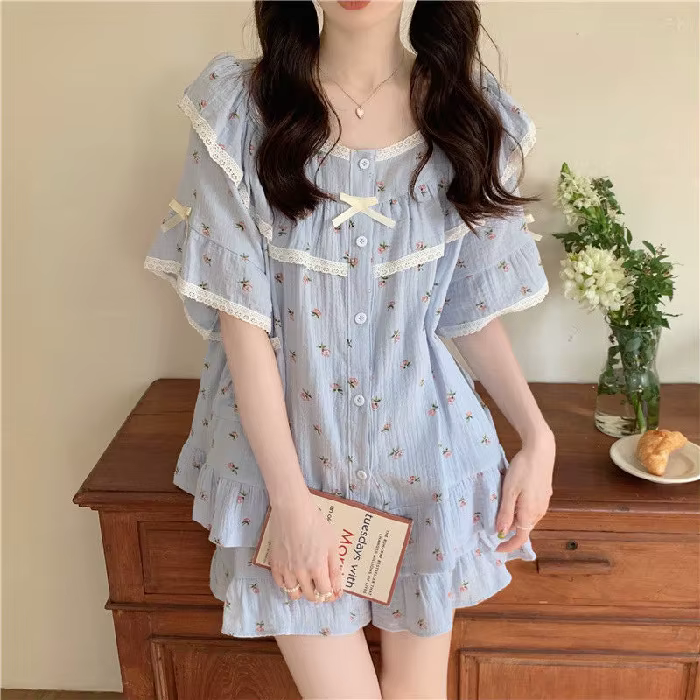 Pyjama d'été doux Style princesse pour femmes, ensemble de vêtements de maison en dentelle, petit Fl