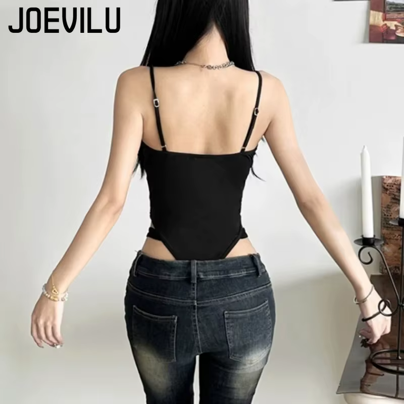 Body noir Y2K pour femmes, ajouré, Sexy, hauts sans manche, bretelles Spaghetti, Streetwear, combina