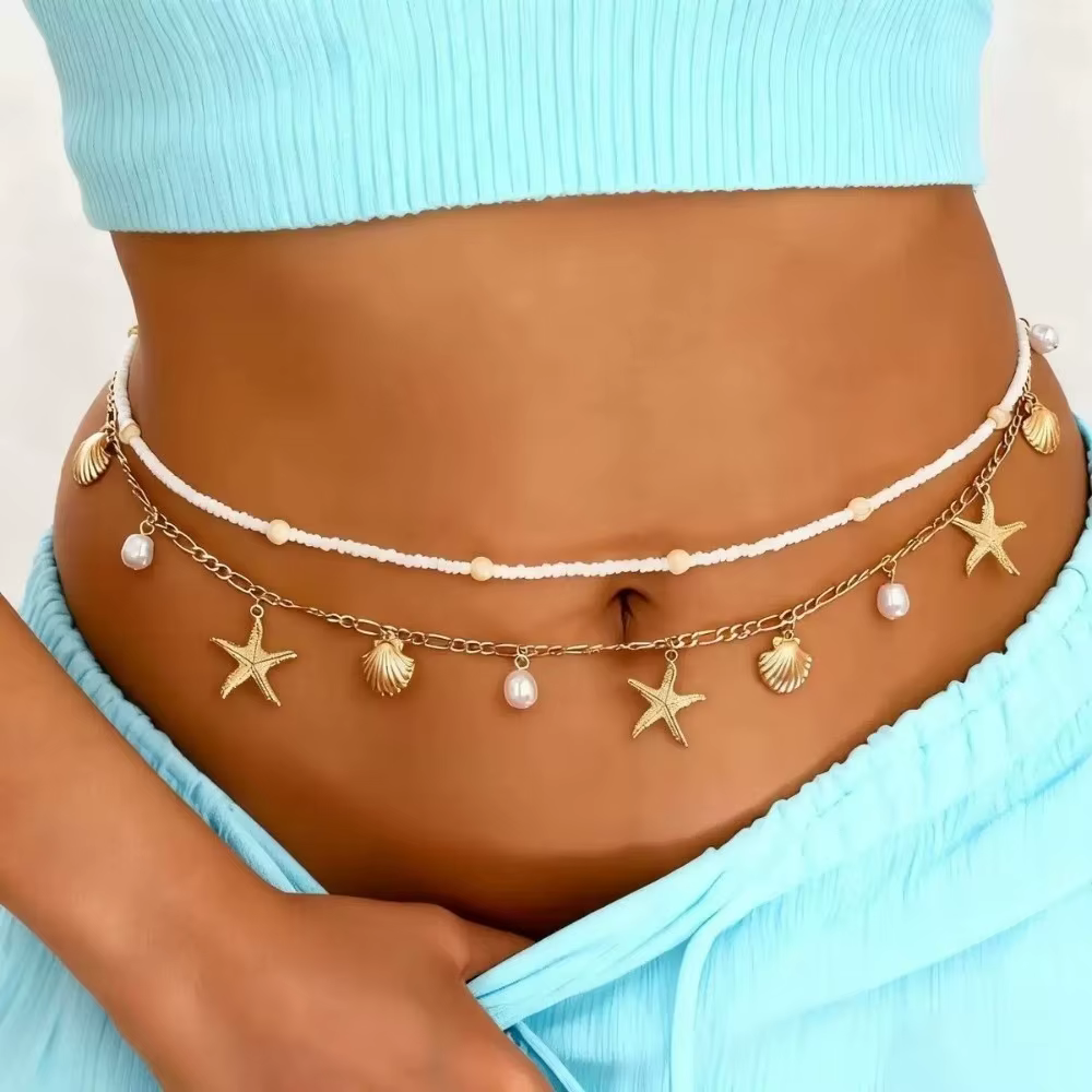 Lot de 2 chaînes de corps en alliage doré avec perles d'imitation et étoiles de mer, bijoux bohèmes