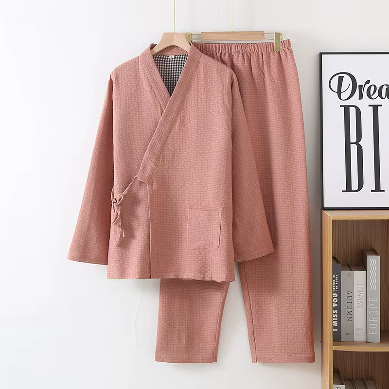 Pyjama en pur coton teint en fil japonais pour couple, kimono double couche, vêtements de maison pou