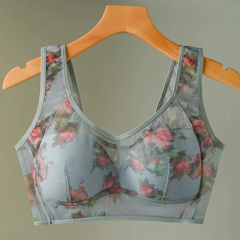 Soutiens-gorge imprimés sans armatures à bonnets fixes, style débardeur en dentelle, grande taille, 