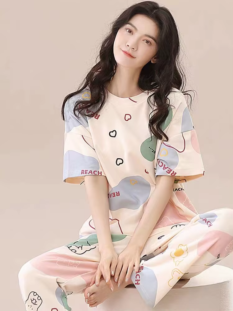 Ensemble pyjama pour femmes, manches courtes, pantalons longs, étudiant, décontracté, ours de dessin