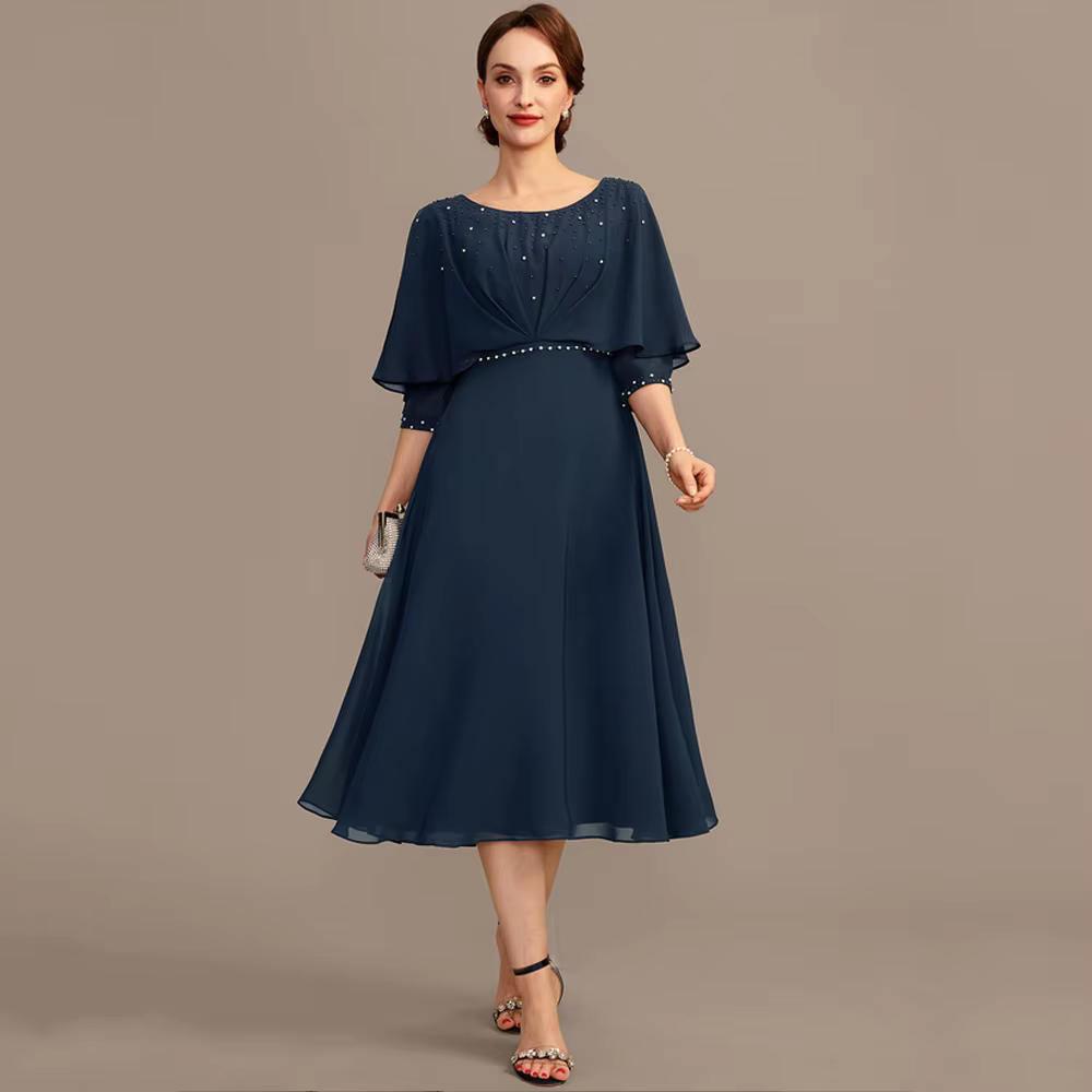 Robes de mère de la mariée bleu marine à manches mi-longues, robes de soirée de mariage pour femmes,