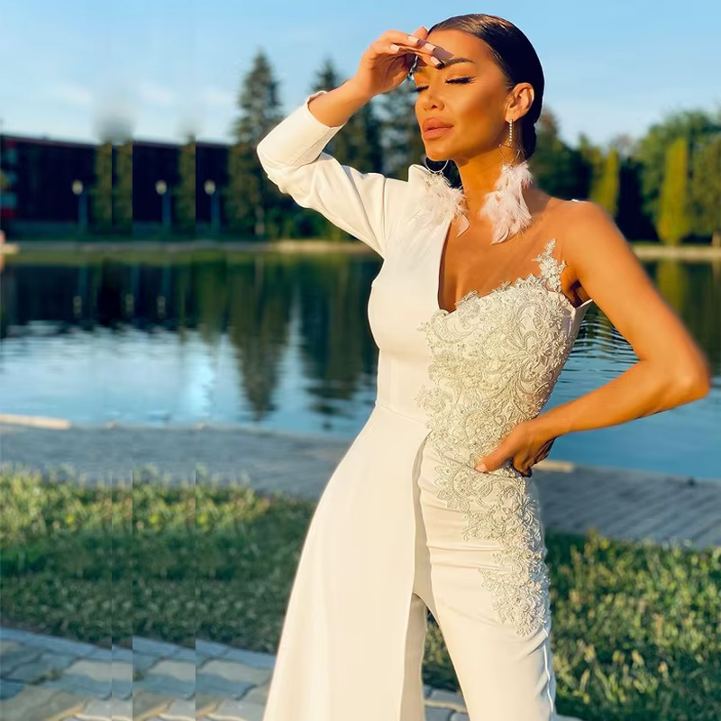 Robe de soirée tendance personnalisée, combinaison à manches longues et col en V, robes de soirée av