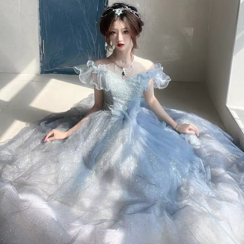 Robe de soirée bleue pour femmes, épaules dénudées, robes de princesse, Costume de bal Quinceanera,