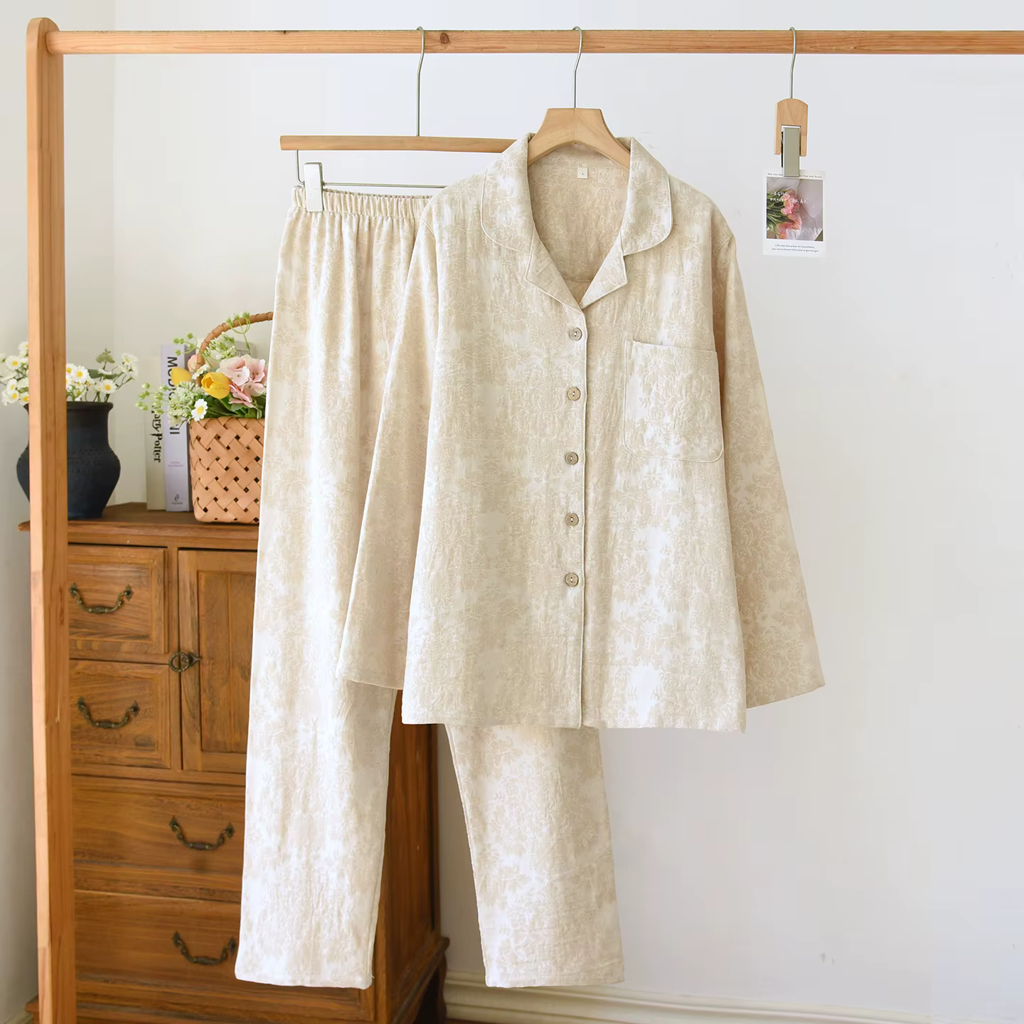 Ensemble de pyjama jacquard pour couples, vêtements de nuit en coton et lin texturé, style minimalis