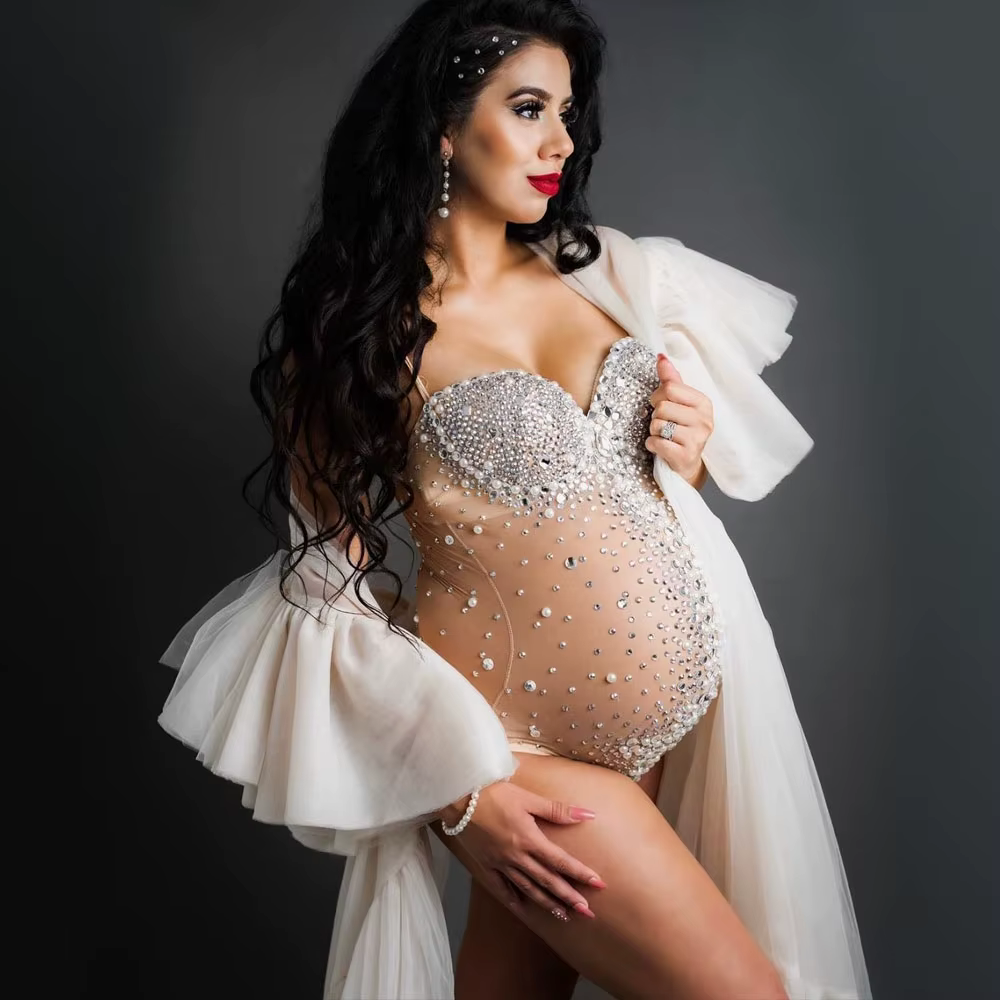 Body déesse Sexy, accessoire de photographie de maternité, robe col en V, strass, perles, combinaiso