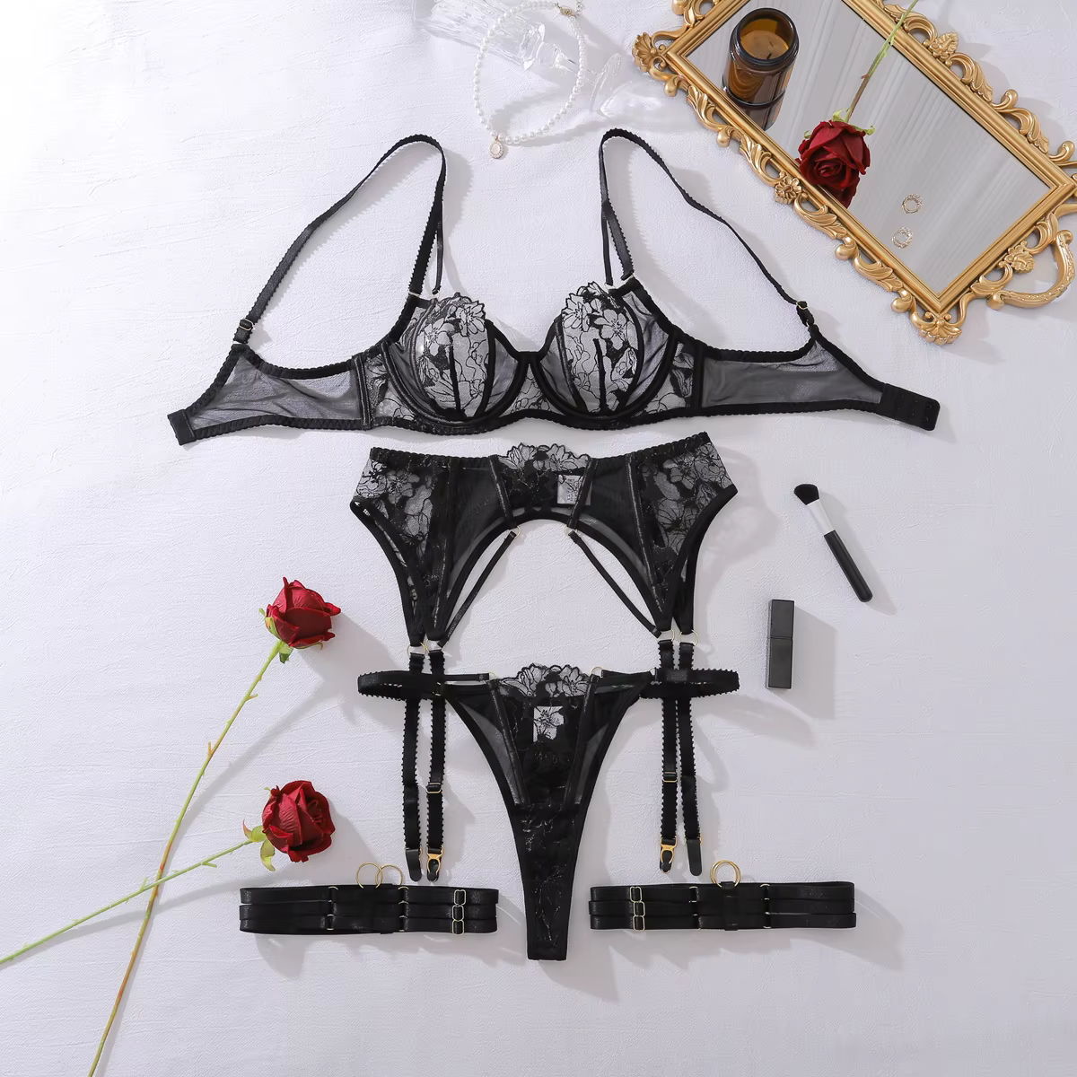 Ensemble de lingerie féminine sexy, transparent, brodé, 3 pièces, avec jarretières, lingerie érotiqu