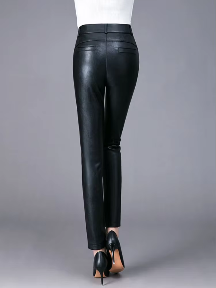 Femmes élastique taille haute véritable pantalon en cuir véritable femme mode sarouel dames poches M