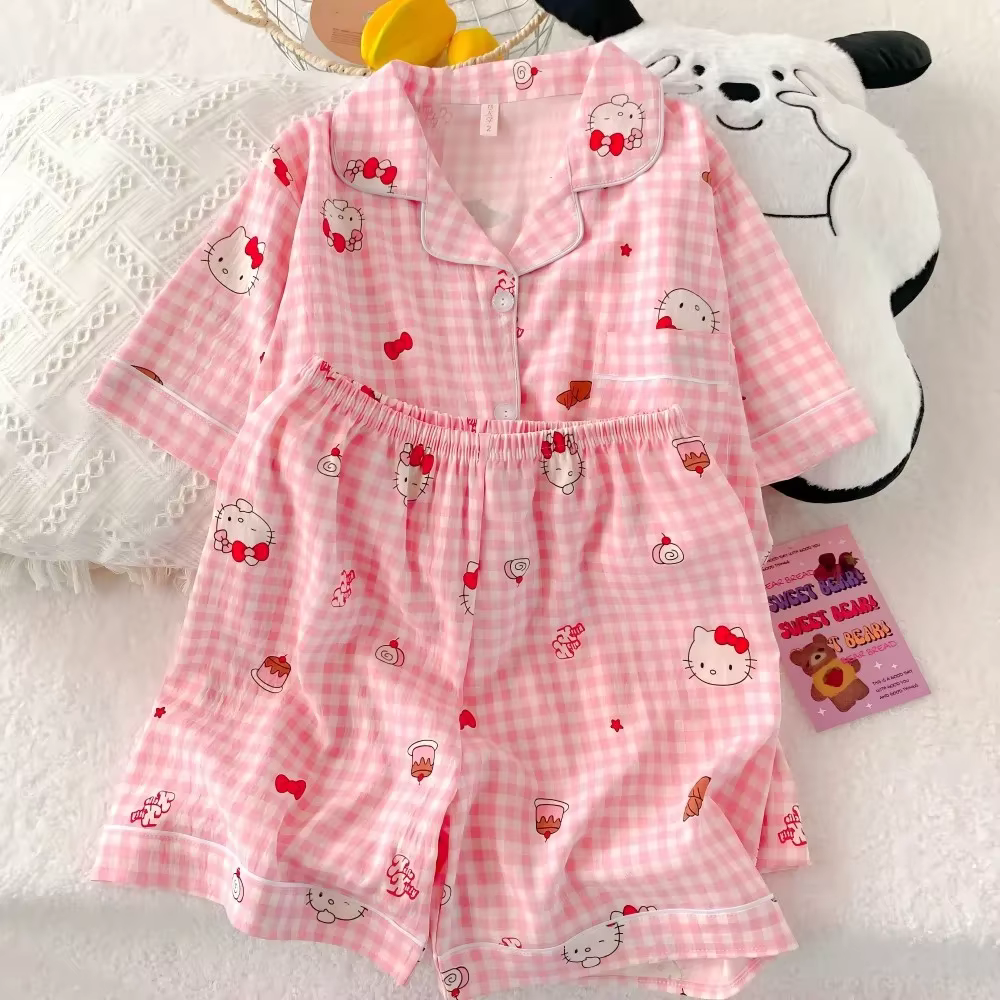 Ensemble de pyjama Hello Kitty pour femmes, manches courtes, shorts, dessin animé, fille étudiante,