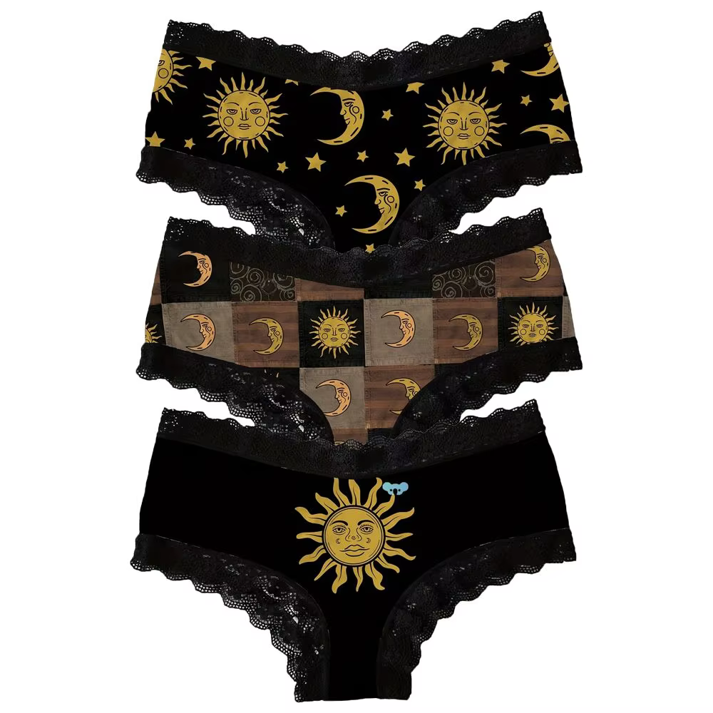 Sous-vêtements respirants à taille basse avec bordure en dentelle Soleil Lune Grande taille Culottes