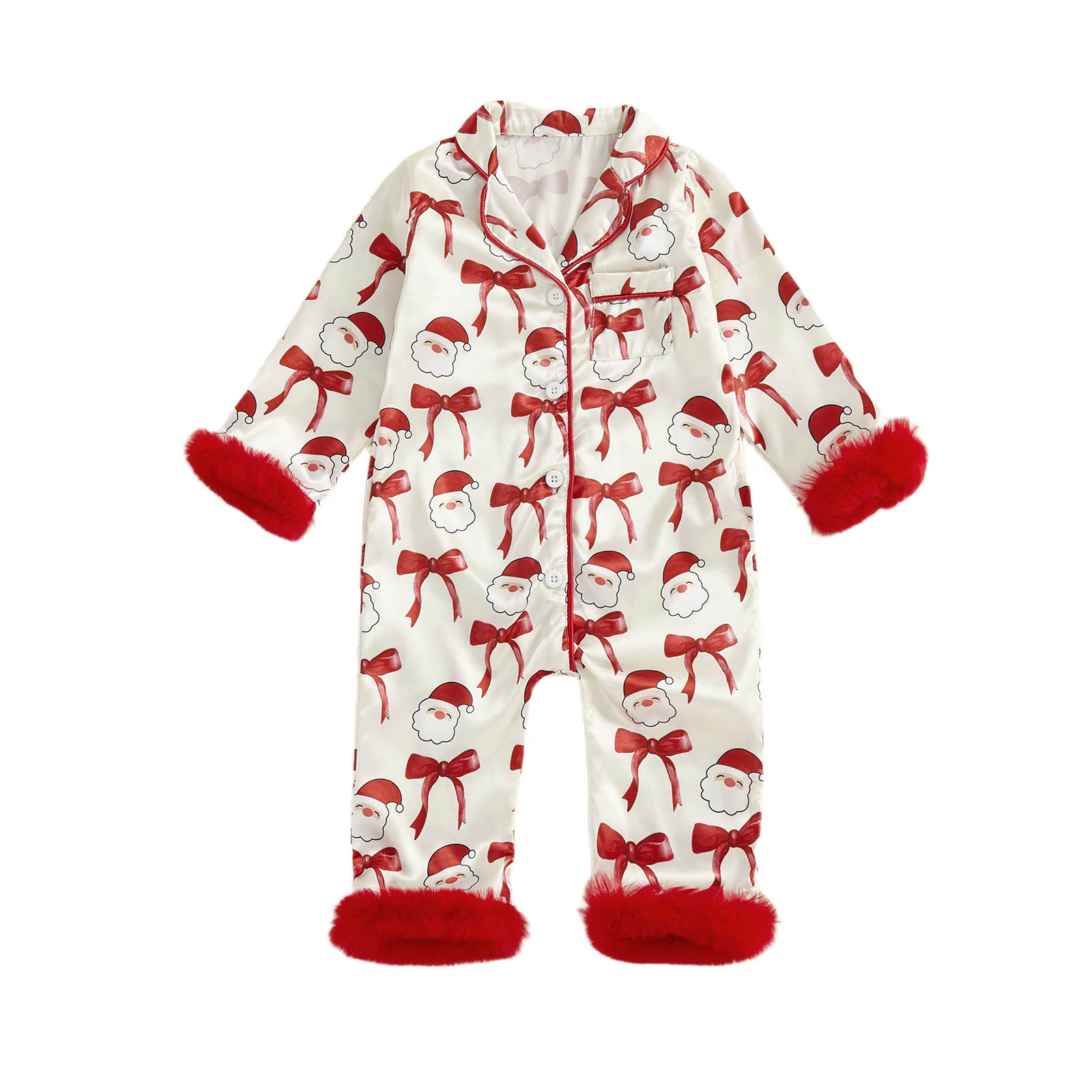 Pyjama de noël en Satin pour bébés filles, manches longues, col rabattu, imprimé nœud du père noël,