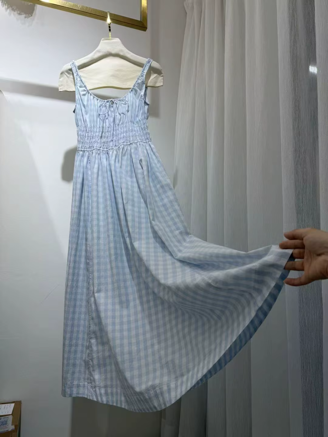 Robe midi en coton 100% pour femme, à carreaux bleus, avec cordon de serrage, col en U, taille élast