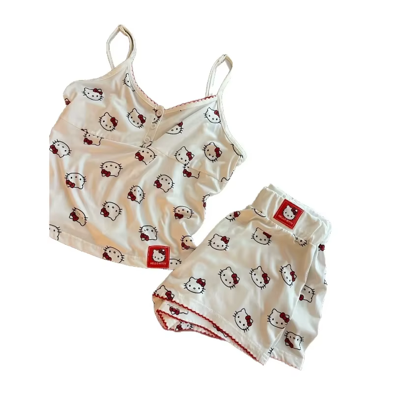 Ensemble de pyjama d'été Hello Kitty pour filles, short à bretelles mignon, vêtements de nuit imprim
