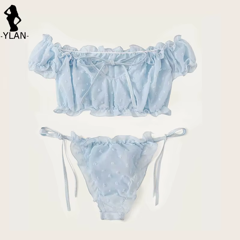 Ensemble de lingerie sexy pour femme en maille, soutien-gorge à épaules dénudées avec volants, culot