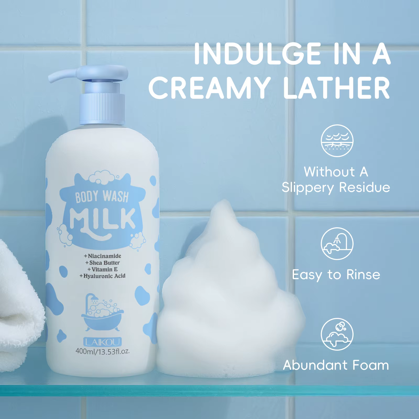 LAIKOU 400ml Lait Corporel, Nettoyant Doux Hydratant Longue Durée Parfum Lait Gel Douche avec Niacin