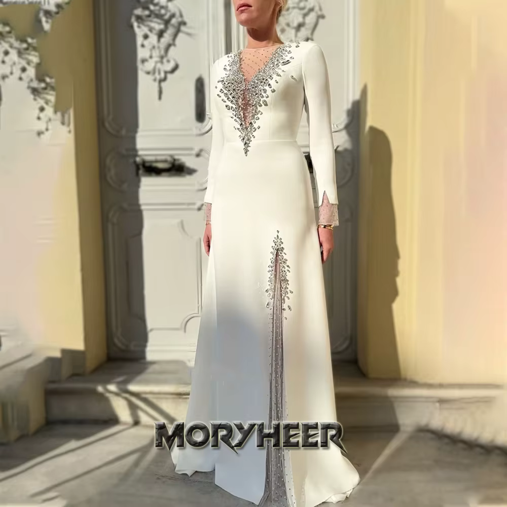 MORYHEER – robe De soirée en Satin, strass scintillants, col rond, fente, manches longues, pour occa
