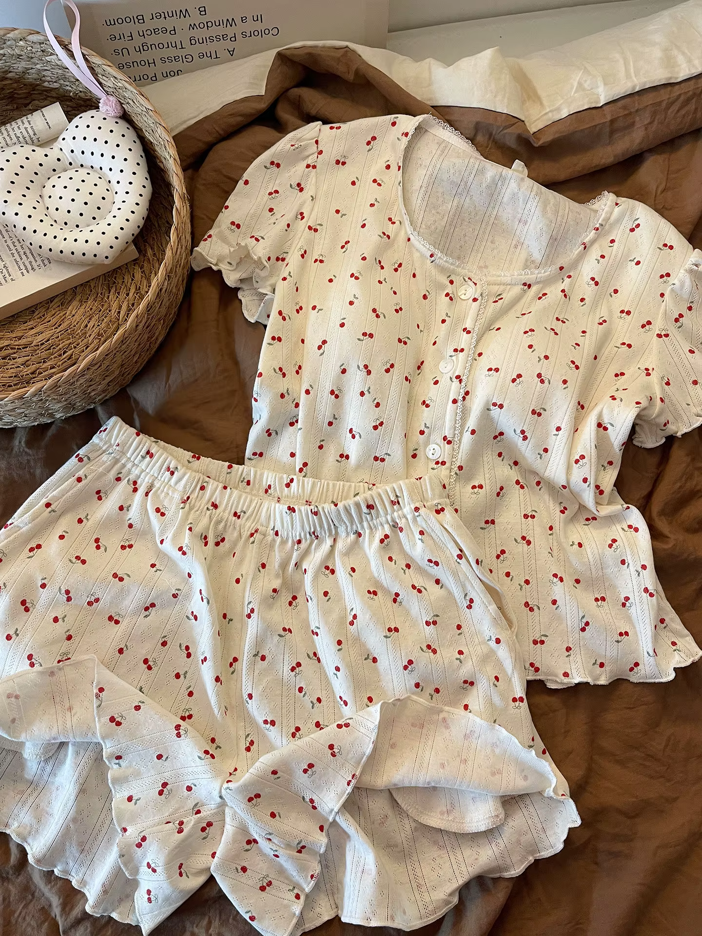 Pyjama d'été à manches courtes pour femmes, col rond, imprimé cerise douce pour filles, nouveau ense