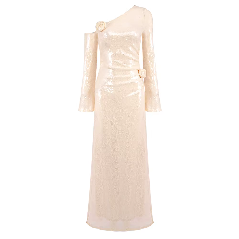 PB 2025 Sexy femmes une épaule paillettes Maxi robe avec embellissements de Rose à manches longues d