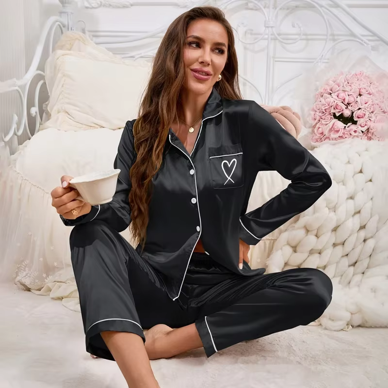 2026 nouvelles femmes pyjama ensemble broderie à manches longues hauts avec pantalon 2 pièces ensemb