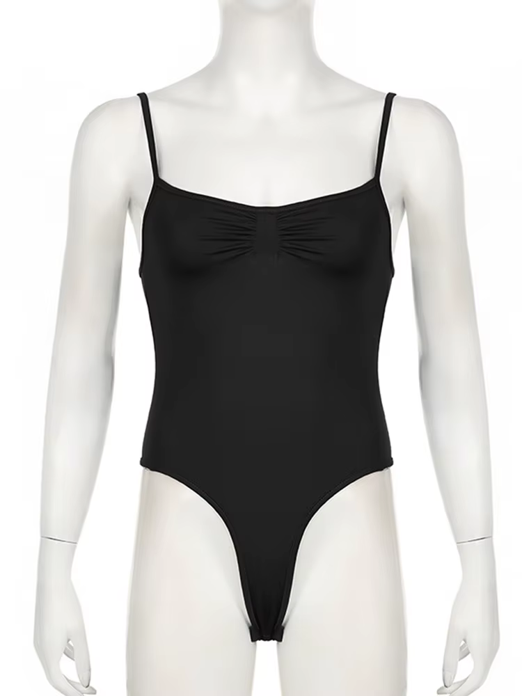 Sweetown – body froncé sans manches pour femmes, noir, bretelles Spaghetti, solide, Simple, basique,