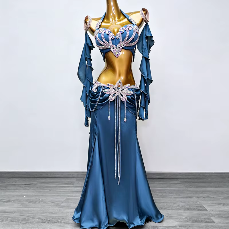 Costume de danse orientale pour femmes, soutien-gorge orné de pierres AB + jupe longue fendue en sat