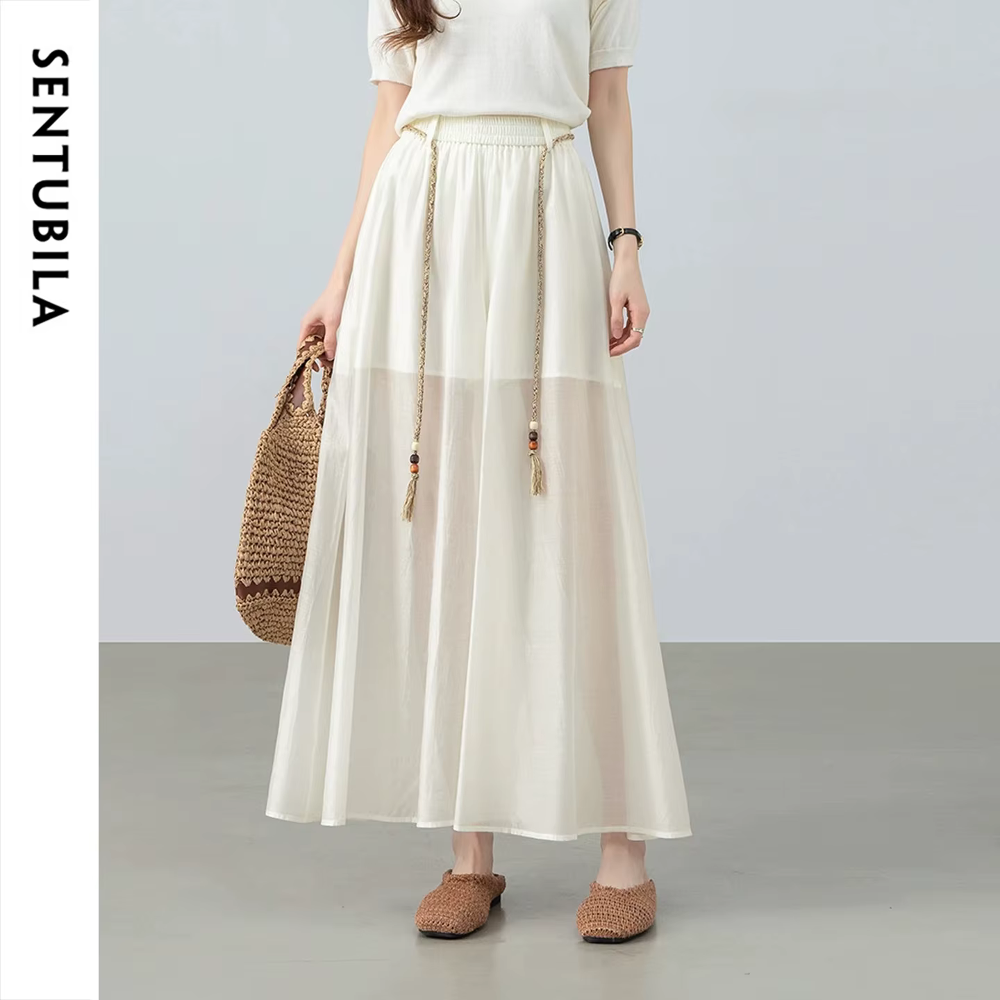SENTUBILA Culotte de ville pour femme, couleur café, été 2026, minimaliste, avec ceinture à pampille