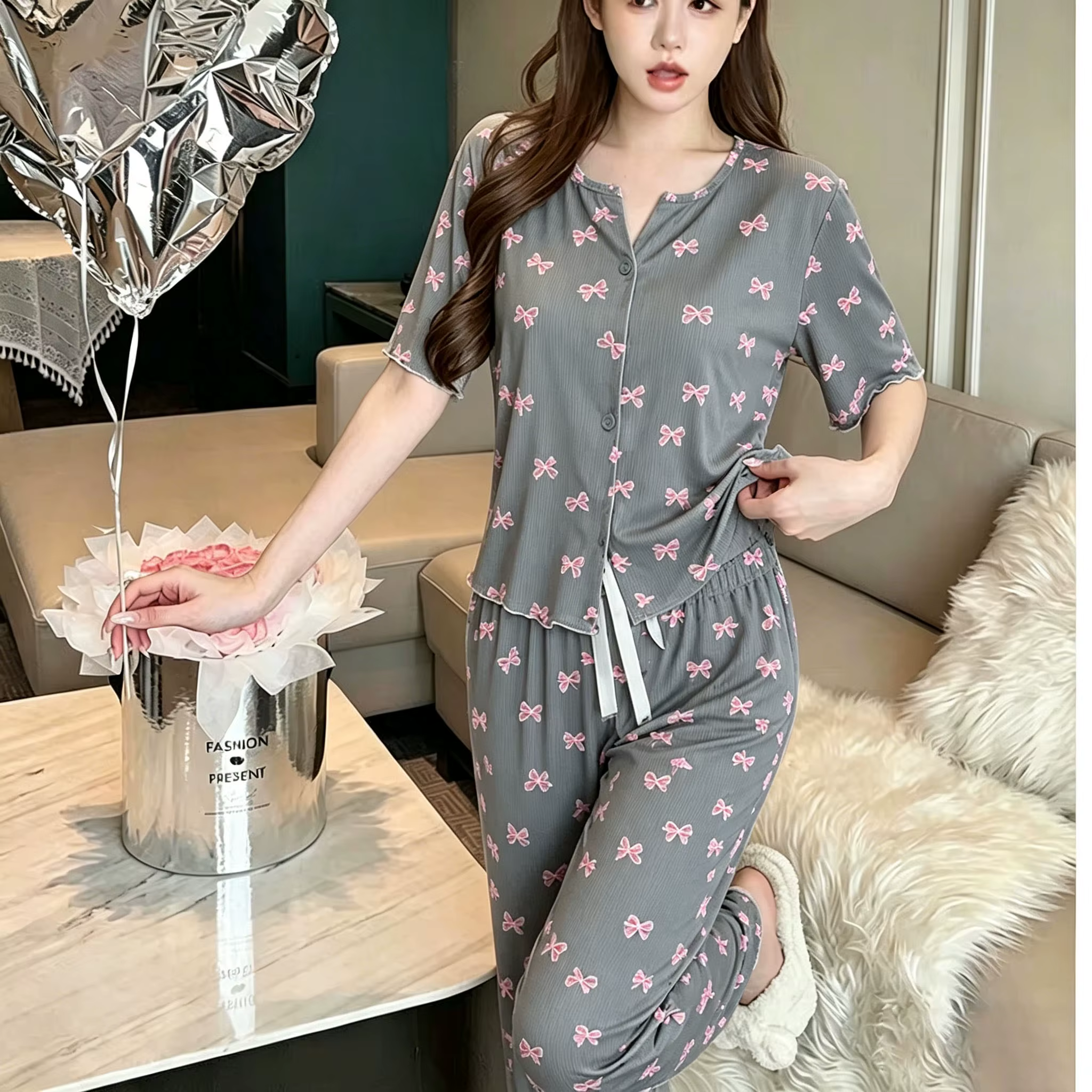 Pyjamas d'été pour femmes, manches courtes et pantalon long, ensemble décontracté et confortable à m