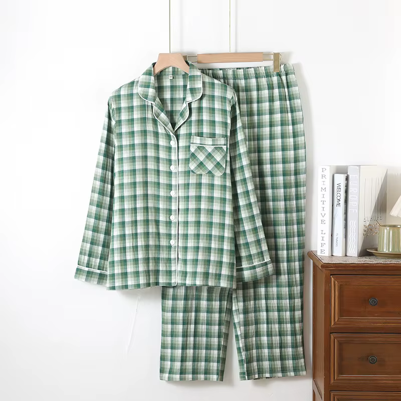 Ensemble pyjama Double couche en gaze de coton imprimé à carreaux pour Couples, vêtements de nuit po