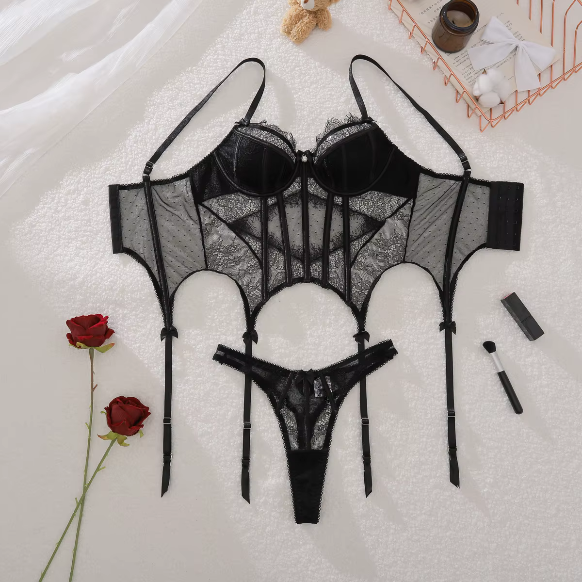 Lingerie sexy pour femmes, corset en dentelle à pois séduisant, ensemble 2 pièces, nœud papillon, so