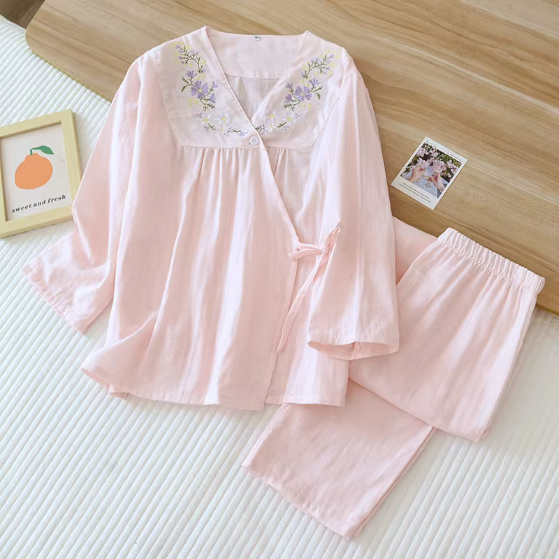 Pyjama en gaze de coton pour femmes, vêtements de détente, col en V, vêtements de nuit sexy, broderi